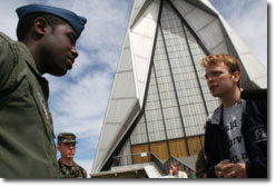 Jake Reitan talking with a cadet at the U.S. Air Force Academy
